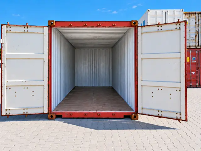 Las dos puertas abiertas de par en par, con el piso y las paredes interiores blancas a la vista